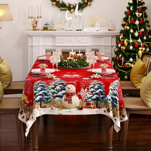 Christmas Tablecloth Rectangle 60x84 Inch, Red Snowman & Pine Tree Table Cloth, Winter Snow Scene Holiday Rectangular Table Cover, Waterproof and Washable Xmas Dining Room Decoration – Image 7