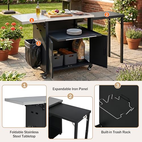 Image of Merax 73.8 inch Outdoor Kitchen Island with Dual Foldable Grill Table, Black | Stainless Steel Top,Outdoor Grill Cart with Storage Cabinet &Trash Rack, Outdoor Bar Cart, Pizza Oven Table for Lawn & Garden