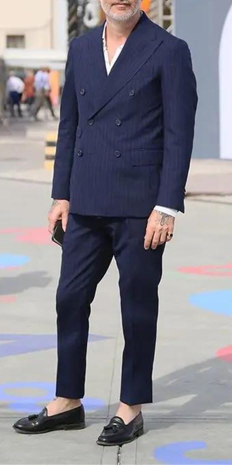 Men's Stripe Double Tuxedo - Breasted Jacket Pants | Groom Wedding Prom3