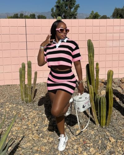 Image of HBQ Women's Casual 2 Piece Skirt Sets Polo Collar Crop Top Striped Mini Dress Summer Vacation-Stripe