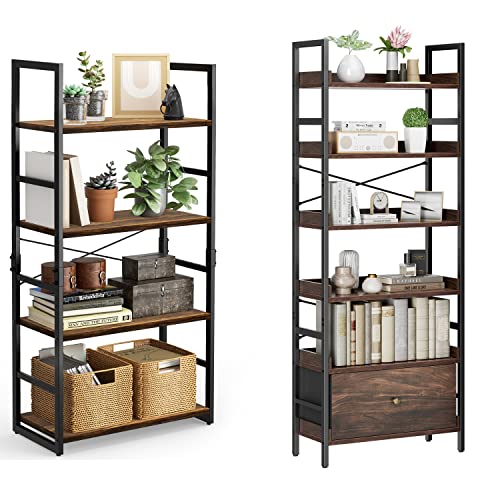 Pipishell Bookshelf, 6-Tier Bookcase With Storage Drawer, Tall Bookshelf Storage Rack With Metal Frame & Wood Grain Finish, Industrial Bookshelf For Living Room, Bedroom, And Home Office, Pibs02Wn #TOP8