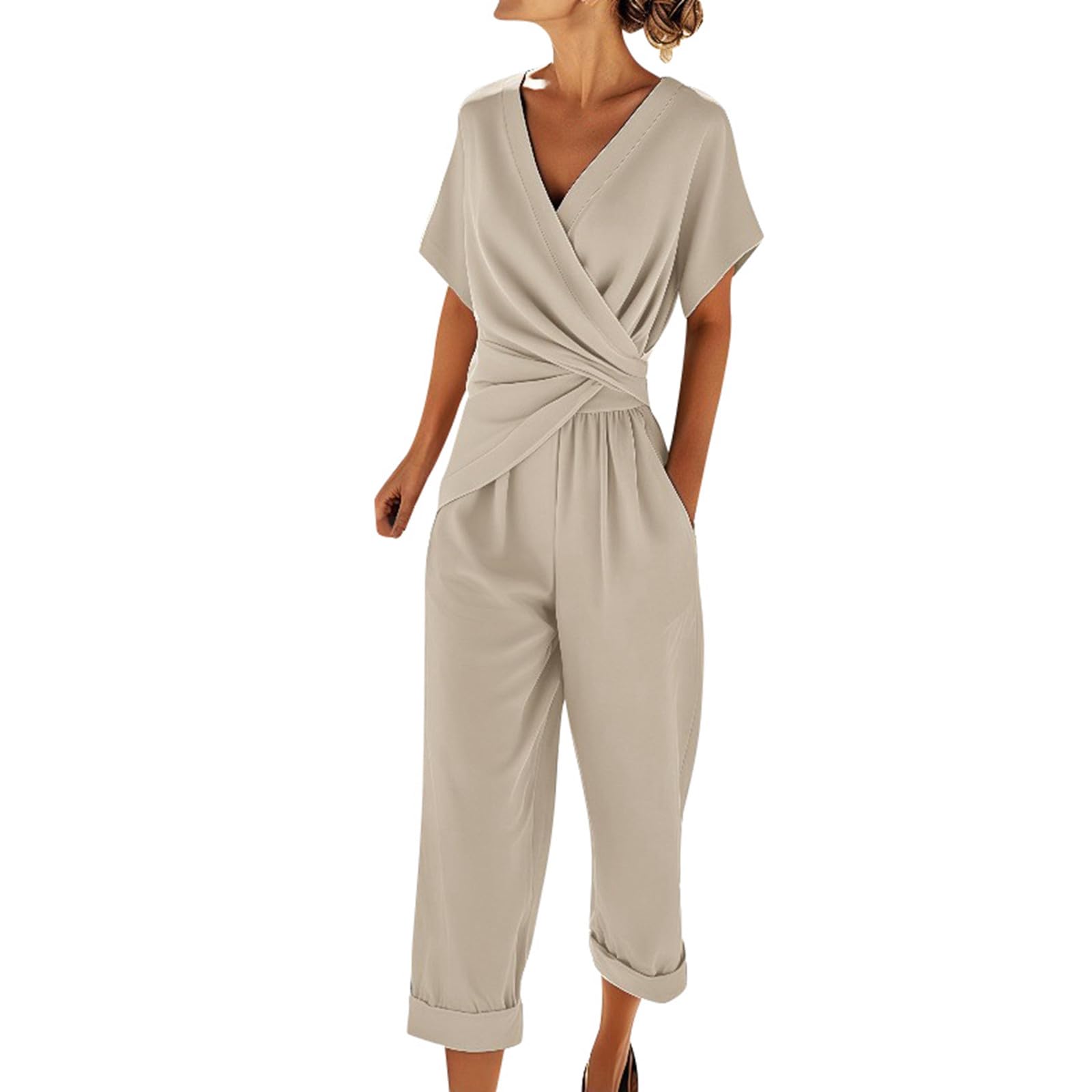 Generisch Zweiteiler Damen Sommer, 2 Teiler Kurzarm Oberteil V-Ausschnitt mit Hose Weites Bein Set Freizeit Hosenanzug Einfarbig Anzug Freizeitanzug Elegant Große Größen S-4XL