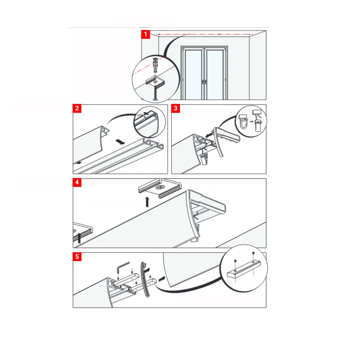 Voppi Deckenvorhang mit Abdeckblende Aluminium weiß 300 cm einzeln mit Abdeckung für Wohnzimmer Esszimmer Büro Frosch Rollen Robust