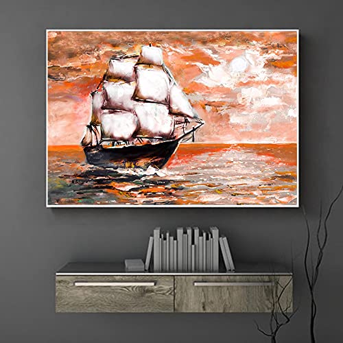 Peinture voilier paysage moderne art mural multicolore pour décoration de salon format 50x70