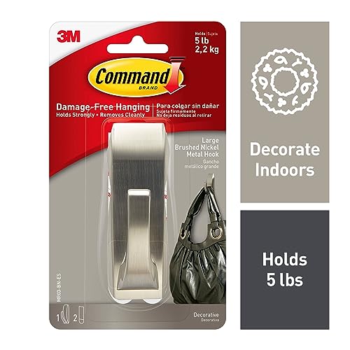 Command Large Modern Reflections Brushed Nickel Metal Hook, Indoor use - 1 Hook and 2 Adhesive Strips - Hang Jackets, Purses, Handbags, Backpacks, Hats, Scarves, Dog leads - Organise Damage Free
