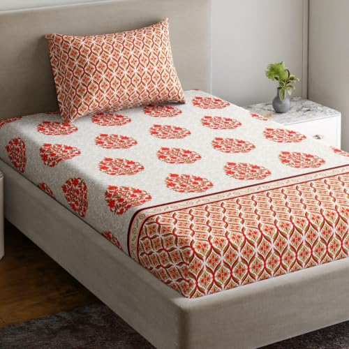 Image of Home Ecstasy 100% Cotton Single Bedsheet with 1 Pillow Cover - (Size 59 x 87 inches, 140 TC, Colour - Red)