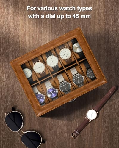Image of Uten 10-Slot Watch Box, PU Leather Watch Case with Glass Lid, Brown | Watch Jewelry Storage Organizer Display with Velvet Lining, fits Watch Size up to 48mm, Gift for Men and Women, Celebration