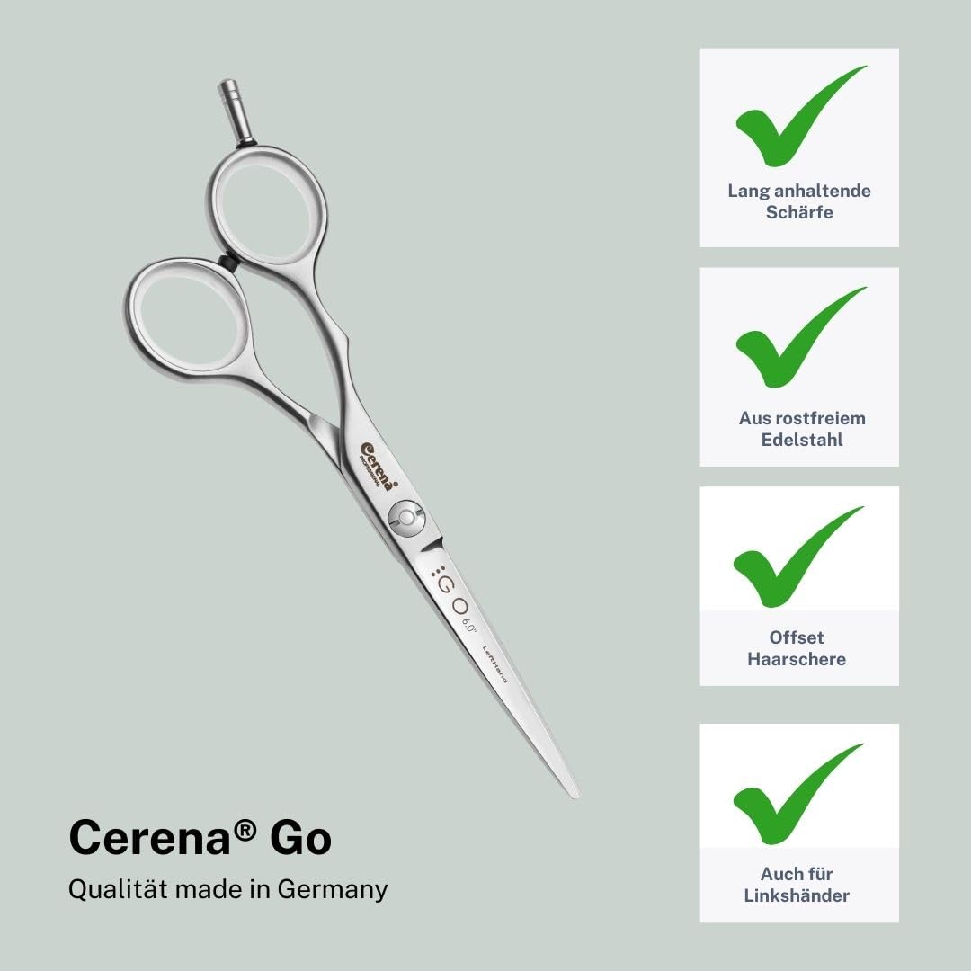 Cerena® – Haarschere GO – Offset Schere in ergonomischer Form – Friseurschere Made in Germany – Haarschneideschere – Haare schneiden, Linkshand, 6,0", 15,5 cm