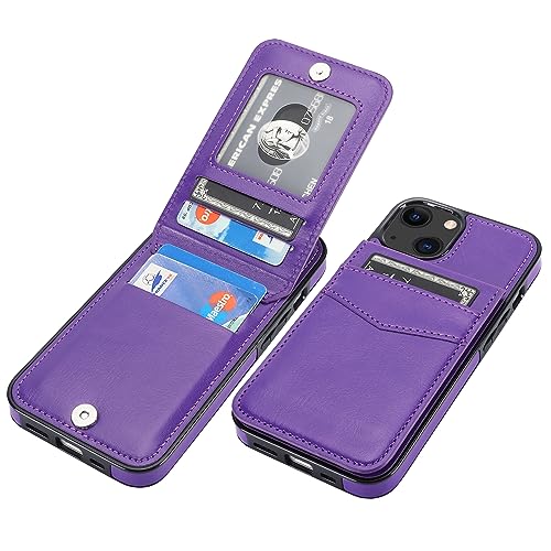 Image of KIHUWEY Compatible with iPhone 13 Case Wallet with Credit Card Holder, Premium Leather Magnetic Clasp Kickstand Heavy Duty Protective Cover for iPhone 13 6.1 inch(Dark Purple)
