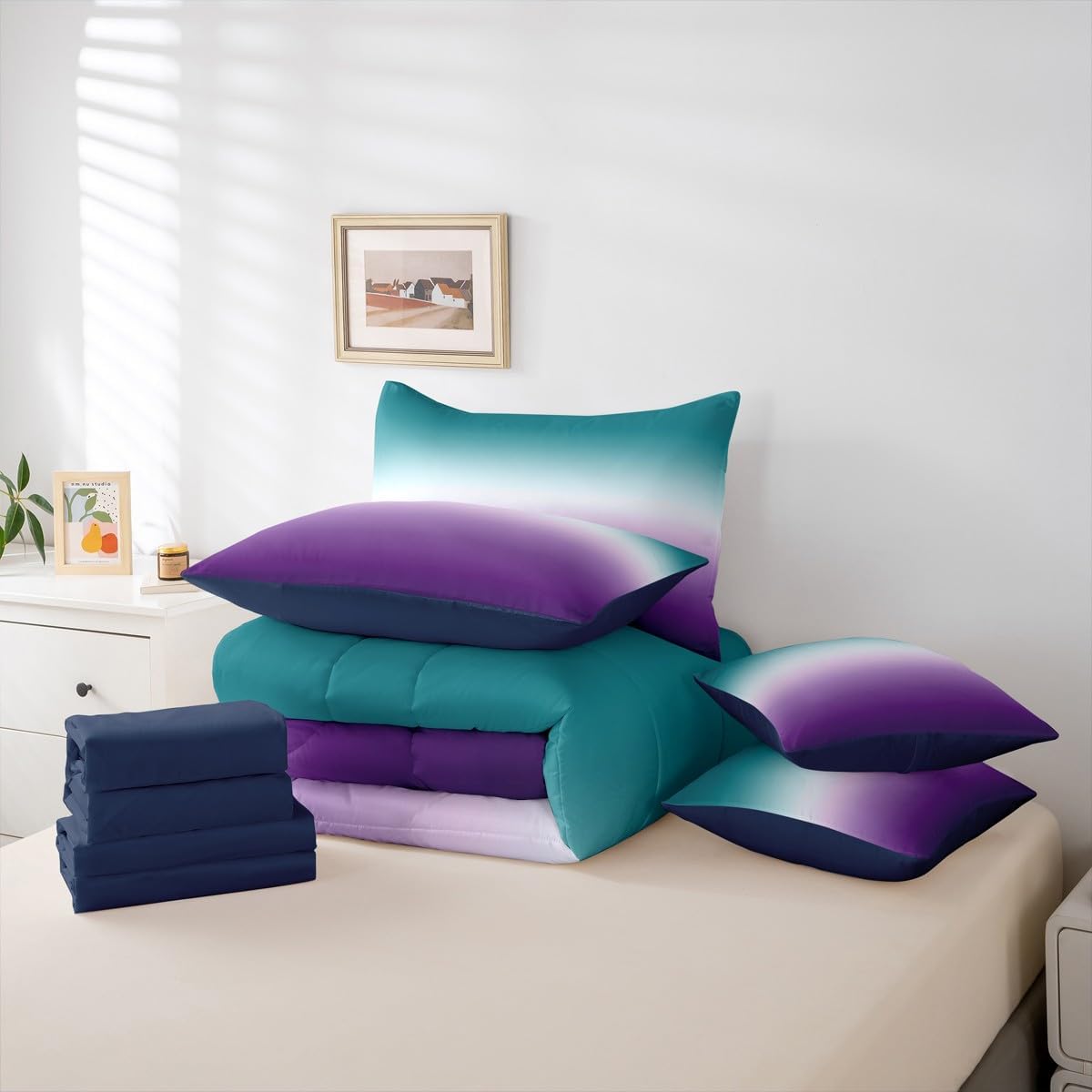 Erosebridal Ombre Comforter Set Green Purple Teal Bedding Set Queen Size Colorful Gradient Reversible Bed in a Bag 7 Pcs(1 Comforter,2 Pillowcases,1 Flat Sheet,1 Fitted Sheet,2 Throw Pillow Covers)