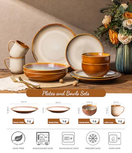 Image of LERATIO Ceramic Dinnerware Sets for 4,16-Piece Reactive Glaze Plates and Bowls Set with Mugs,Highly Chip and Crack Resistant | Dishwasher,Microwave & Oven Safe Dishes set-Kahki
