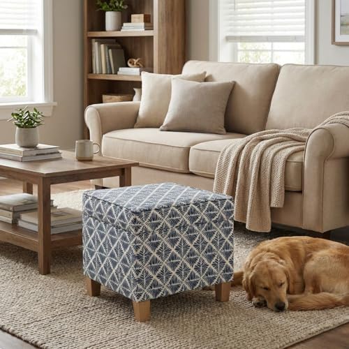Image of HomePop 18 inch Classic Square Storage Ottoman - Blue Geometric Pattern