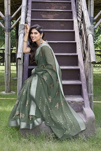 Image of MIRCHI FASHION Women Saree Cotton Blend 2-Tone Foil Print | Lightweight Comfortable Office Wear Sari with Blouse Piece