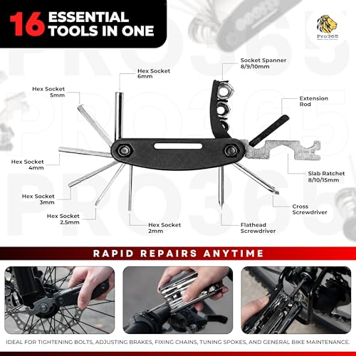 Image of PRO365 16-in-1 Bicycle Repair Tool Kit | 1 Year Brand Warranty | Foldable Multitool with Allen Keys, Screwdrivers, Spoke Wrench & Socket Spanner | Cycle Maintenance Tool for MTB, Hybrid & Kids Bikes
