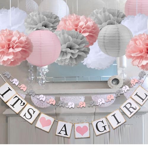luckylibra Baby Girl Baby Shower Decorations, It is a Girl Banners and Paper Lantern Paper Flower Pom Poms （Pink White Grey）