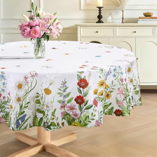 hometrixx Nappe Ronde Anti Tache Feuille Fleurs Papillon Nappe de Table Printemps Rétro Lavable Imperméable Polyester pour Salle à Manger Jardin fête...