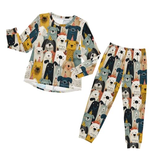Long Sleeve Pajama Set for Girls Boys Kids,Happy Birthday Dogs Pattern Comfy Nightwear Soft Loungewear,Family Matching PJs Underwear Set 4T