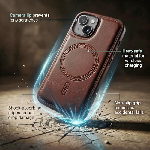 Image of amazon basics Premium PU Leather Case for iPhone 13, MagSafe Compatible Magnetic Ring, Sleek Protective Back Cover - [Brown]