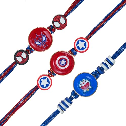 Image of eCraftIndia Kids Rakhi Set of 3 | Cartoon Rakhi for Kids Brother Bhaiya Bhai with Best Bro Ever Fridge Magnet | Roli Chawal Pack