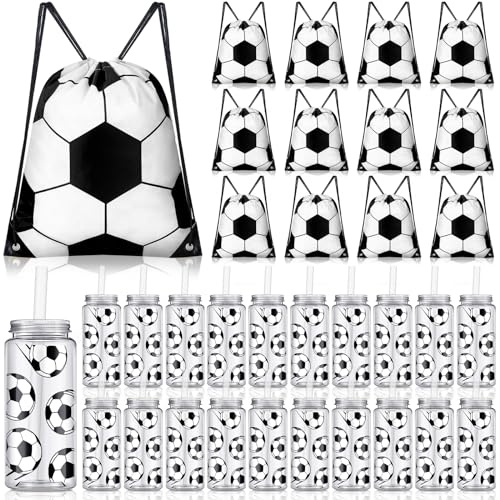 Shinylin 40 Pcs Soccer Softball Drawstring Bag and Reusable Tumbler Set Sport Goodie Bags 14.2 oz Plastic Drinking Water Bottles with Lids and Straws for School Team Gift Party Supplies(Soccer)