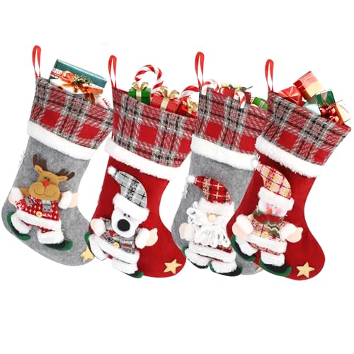 ROTKUSZ 4PCS Medias navideñas para llenar, Bolsa de Regalo para Navidad Papá Noel Decoración Navideña de Santa Claus Tradicionales Rojos, Bolsas de Regalo Calcetin Navideño para Decoracion (A)