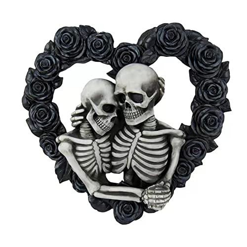 FIYSON Totenkopf Paar Wanddeko 20 x 20cm Schwarzem Schädel Herzförmig Rose Hängende Dekoration Türschmuck Halloween Schädel kranz Herbst Winter Dekorativer Das Erntedankfest Innen Wanddekoration