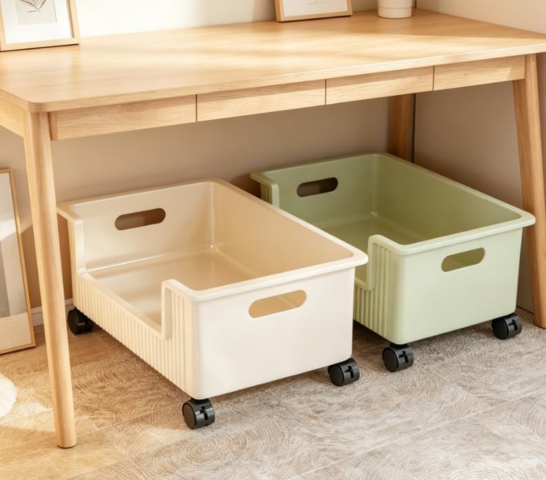 Under Bed Storage Box with Wheels, Plastic Organizer Bin for Clothes, Books, Snacks, and Toys