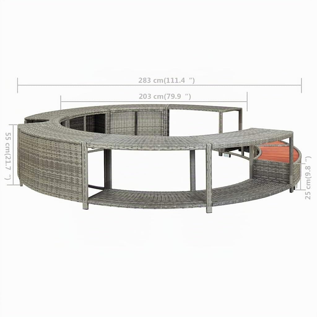 vidaXL Whirlpool Umrandung mit Stauraum Rund Poolumrandung Poolverkleidung für Spa Grau Poly Rattan Stahlrahmen Eukalyptus-Hartholz