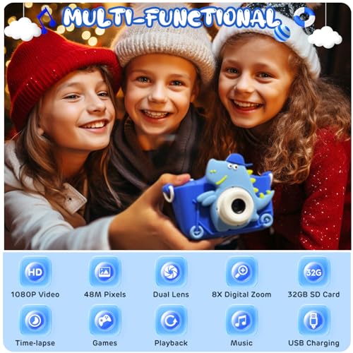 Dinosaur Kids Camera Toy with 48MP HD Video & 32GB Card - Ages 3-12 (Blue)