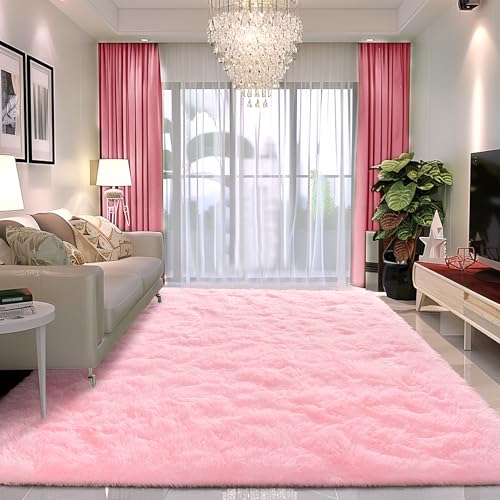 Baby Pink Area Rugs 9x12 Living Room - Super Soft Fluffy Rug Non Slip Large 9 by 12 Area Rug for Bedroom Washable