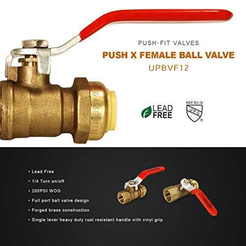 Everflow Supplies Pushlock UPBVF12 1/2 Inch Push X Female Ball Valve for Push-Fit Valve, Full Port Ball Valve Design w/Single Lever Heavy Duty Rust Resistant Handle, Forged Brass Construction - Thumbnail 3