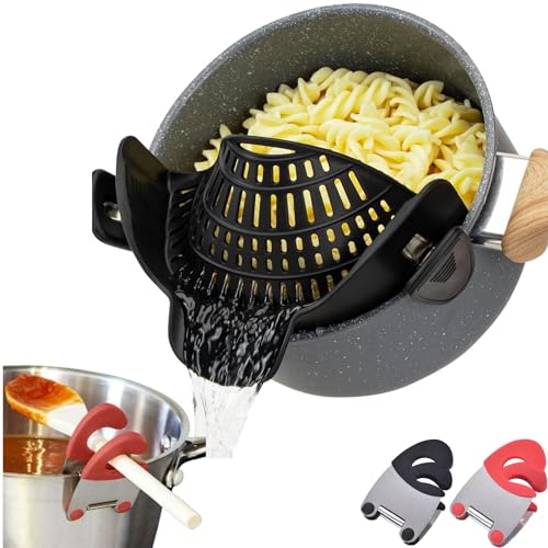 Scolapasta in Silicone con Clip-Colino+2 Portamestoli Pentola per pasta da appendere a pentola, padelle e ciotole - lavabile in lavastoviglie e adatto agli alimenti - Colapasta, Cucina, Scola Pentola