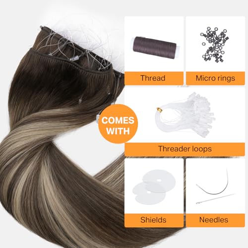 Image of DOORES Micro Bead Weft Hair Extensions Real Human Virgin Hair, 18Inch 100g Balayage Chocolate Brown to Honey Blonde Invisible Bead Extensions Human Hair