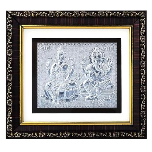 Image of 999 Pure Silver Lakshmi Ganesha Frame - Hindu Religious Photo Frame for Home, Temple and Pooja Room | Spiritual Gift for Wealth and Prosperity