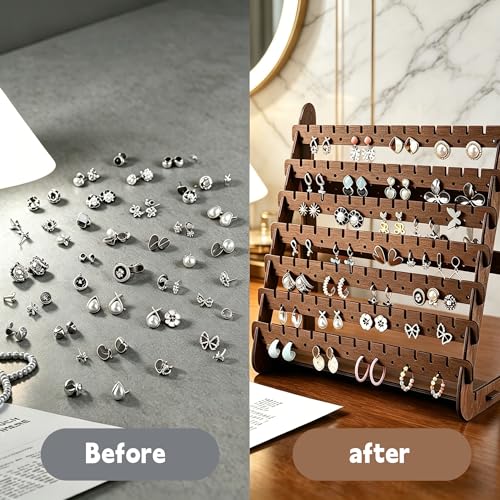 YZ BY YIZHE Solid Wood Earring Organizer Multi-Layer Display Rack for Earrings, Necklaces, Bracelets Jewelry Storage Holder for Dresser, Countertop Rustic Farmhouse Decor (9.84" x 4.33" Brown) by YZÉ By Yizhe - Used condition - Image 9