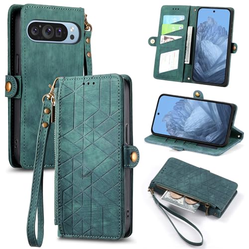 Étui Google Pixel 7a vert en cuir élégant avec fermeture éclair