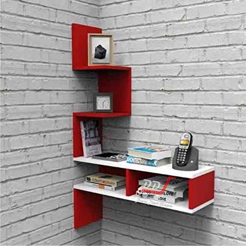 Image of Engineered Wood Big Zigzag Corner Wall Shelf for Living Room and Home Decor (White Combination) (Red & White)