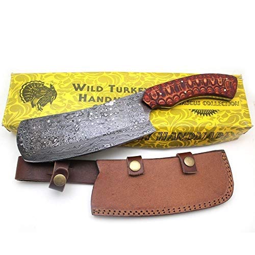 Top Brands Wild Turkey Handmade Damascus Steel Collection Fixed Blade Chopper Knife w/Leather Sheath (Red)