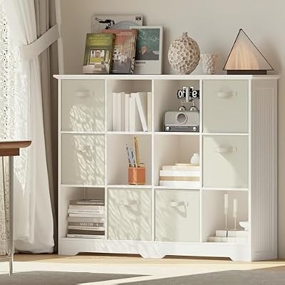 VORONOI 12 Cube Storage Organizer with 6 Fabric Drawers and Removable Shelves — Modular Cube Bookshelf for Bedroom, Living Room, or Home Office, Short Cube Bookcase for Toys, Decor,White