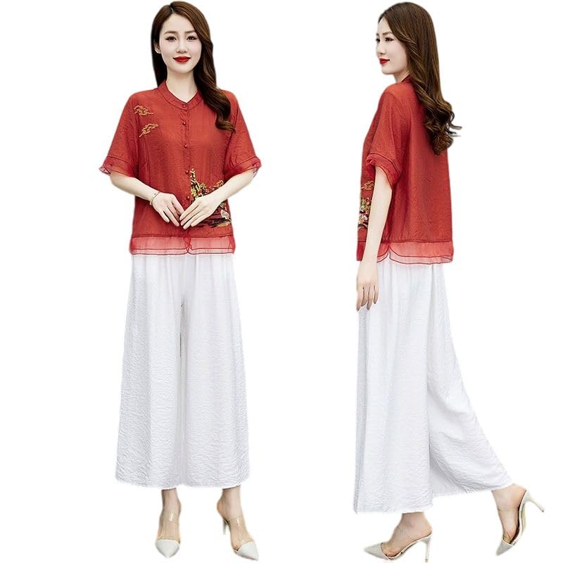 Ensemble haut brodé de style chinois pantalon large confortable