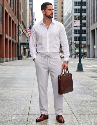 Image of COOFANDY Mens Cotton Linen Pants Casual Drawstring Summer Beach Pants Lightweight Linen Dress Trousers