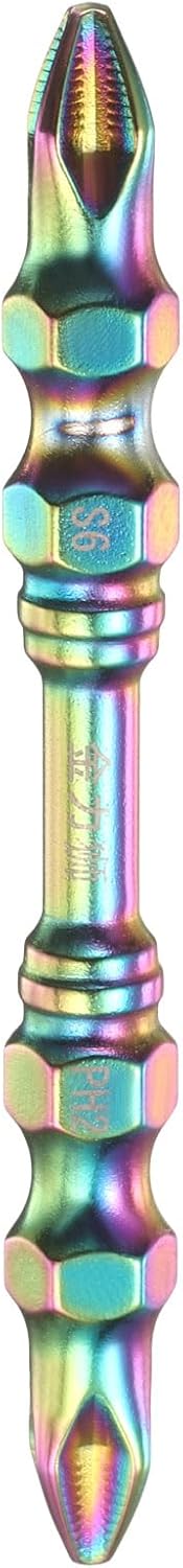 HARFINGTON 1pcs Double Ended Phillips Screwdriver Bit PH2 (#2) Anti Slip Teeth Tip 1/4" Hex Shank 2.6" (65mm) Long Magnetic Cross Screw Driver Colored Titanium Coated S6 Steel Drill Bits