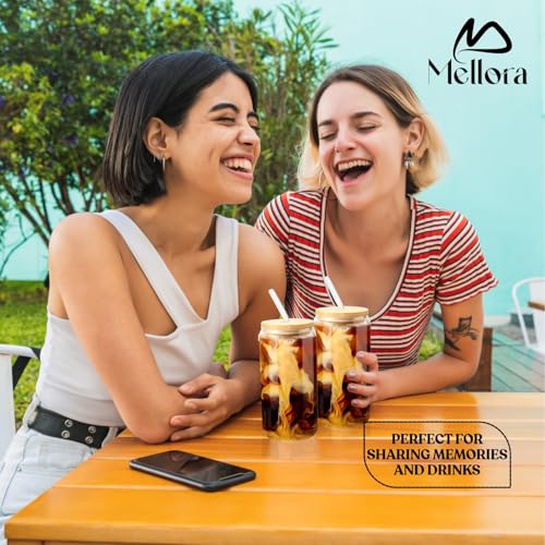 Image of MELLORA Can Shape Tumbler Glass with Straw & Wooden Lid | Leak-Proof, Portable | Ideal for Hot /Cold Coffee, Juice, Drinks | Travel-Friendly, Stylish Mug Sipper | Transparent - 540ml