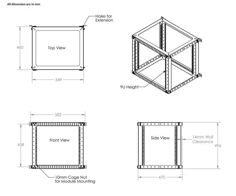Image of XtremeMiner 19 Inch U Rack Mount Server Frame 18 Inch Depth (9U Open Frame wallmount)