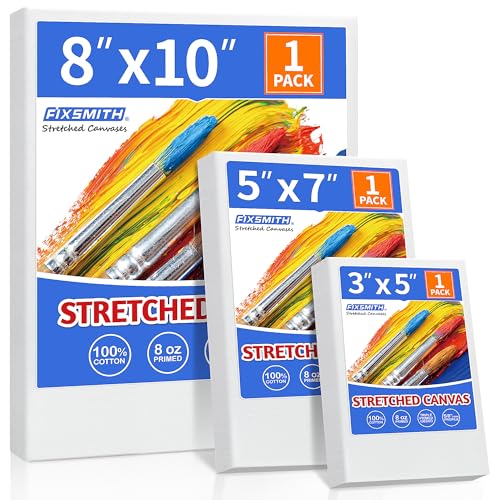 Image of FIXSMITH Stretched Canvas for Painting, 3 inchx5 inch, 5 inchx7 inch, 8 inchx10 inch, Pack of 3, Pre-Primed Canvases Wood Framed, Blank White Painting Canvas Boards for Acrylic, Oil and Gouache Painting