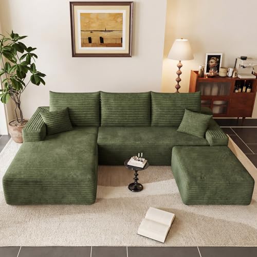 Image of 95 inch U-Shape Cloud Couch, Modern Modular Sectional L-Shape Sofa with Ottoman, Corduroy Upholstered Couches Deep Seat Sleeper Chaise Longue for Living Room, No Assembly Required(Green, Left Facing)