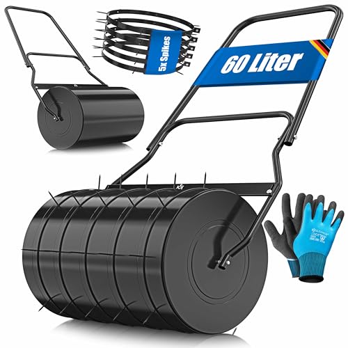 KESSER® Rasenwalze Metall befüllbar mit Wasser oder Sand mit 60 Liter Füllvolumen & 50cm breit | Gartenwalze inklusive 5X Spikes & Handschuhe | Handwalze Rasenroller Ackerwalze Walze in Schwarz
