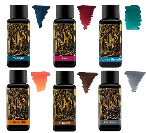 Diamine - 30ml Fountain Pen Ink - Colour Wheel - 6 x Bottles - Autumn Oak Syrah Macassar Earl Grey Aurora Borealis Twilight