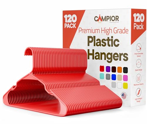 Plastic Clothes Hangers – Heavy Duty Hanger Set, for Organizing Clothes, Dresses, and Coat, Holds Up to 5 lbs, Space-Saving Hangers with Non-Slip Shoulder Grooves, Pack of 120, Red
