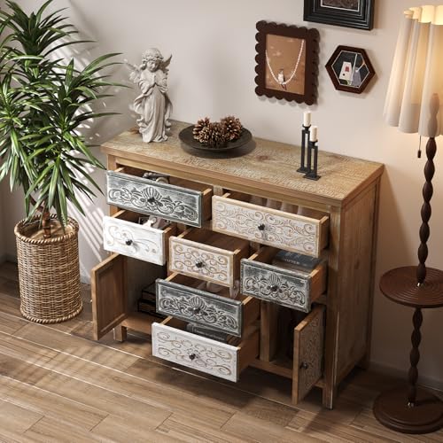 Image of Farmhouse Boho Accent Cabinet with 7 Drawers and 2 Doors, Vintage Storage Cabinet with Solid Wood Frame, Hand-Carved Distressed Console Cabinet for Living Room, Entryway, Hallway, 39.37 Inch Wide